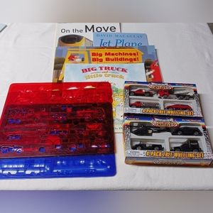 Vehicls & machines themed bundle, childrens books, stencils, & toy vehicles...